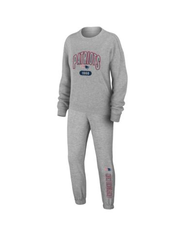 Women's WEAR by Erin Andrews Heather Gray New England Patriots Plus Size Knitted Tri-Blend Long Sleeve T-shirt and Pants Lounge Set