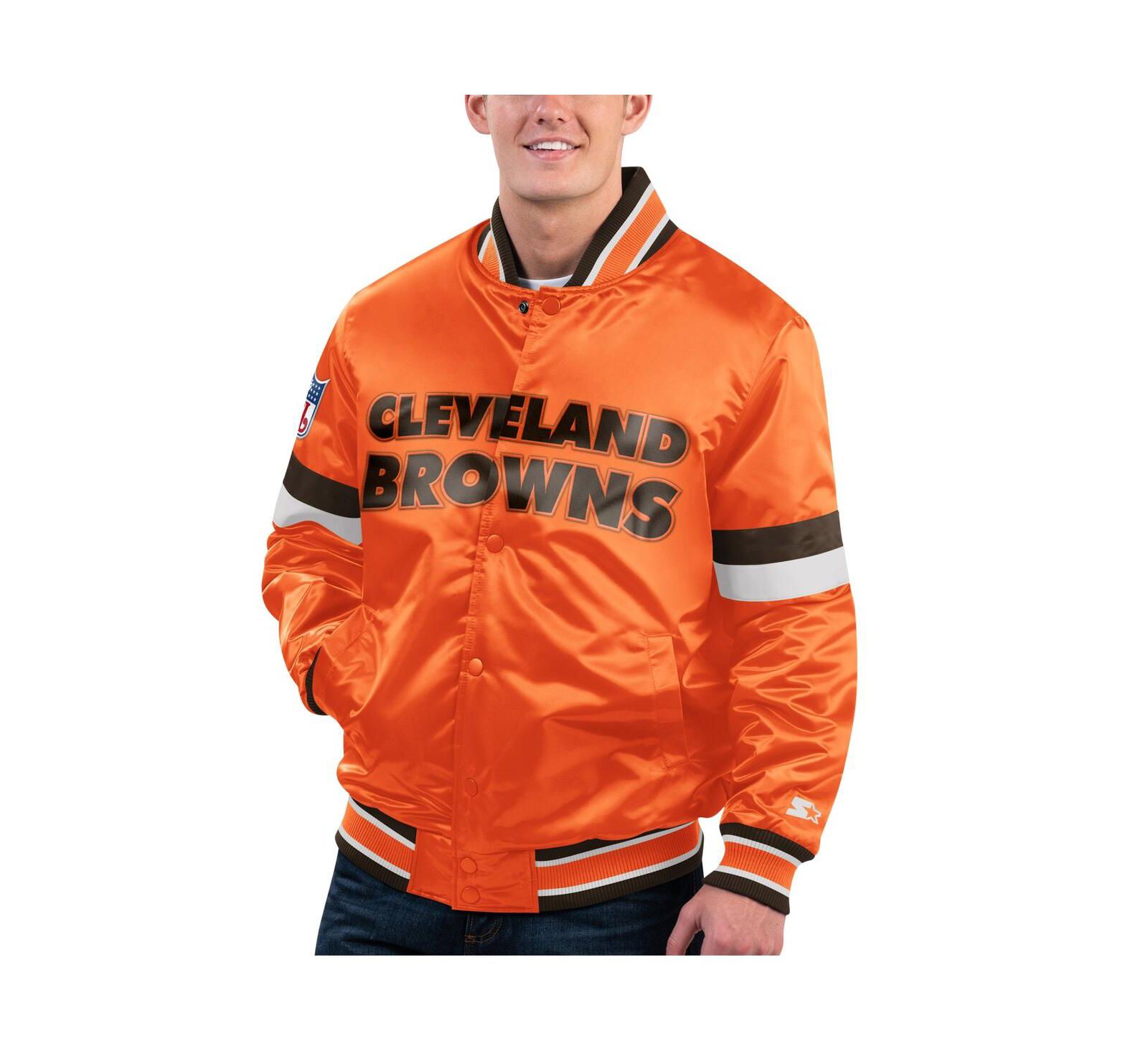 Men's Starter Orange Distressed Cleveland Brown Gridiron Classics Home Game Satin Full-Snap Varsity Jacket