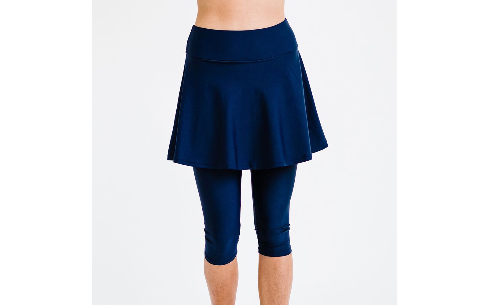 Calypsa Women's Chlorine Resistant High Waisted Flared Swim Skort With Attached Capri Leggings