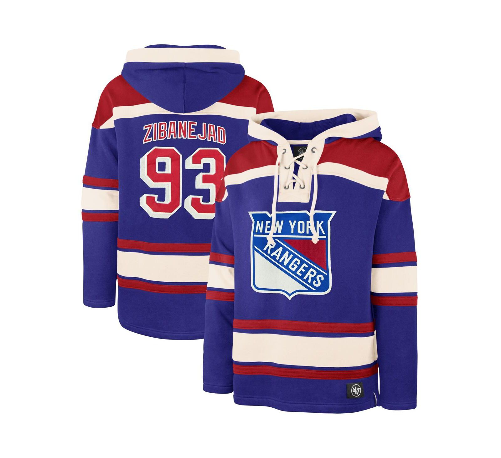 Мужское худи '47 Brand Mika Zibanejad Blue New York Rangers Player Name and Number Lacer Pullover