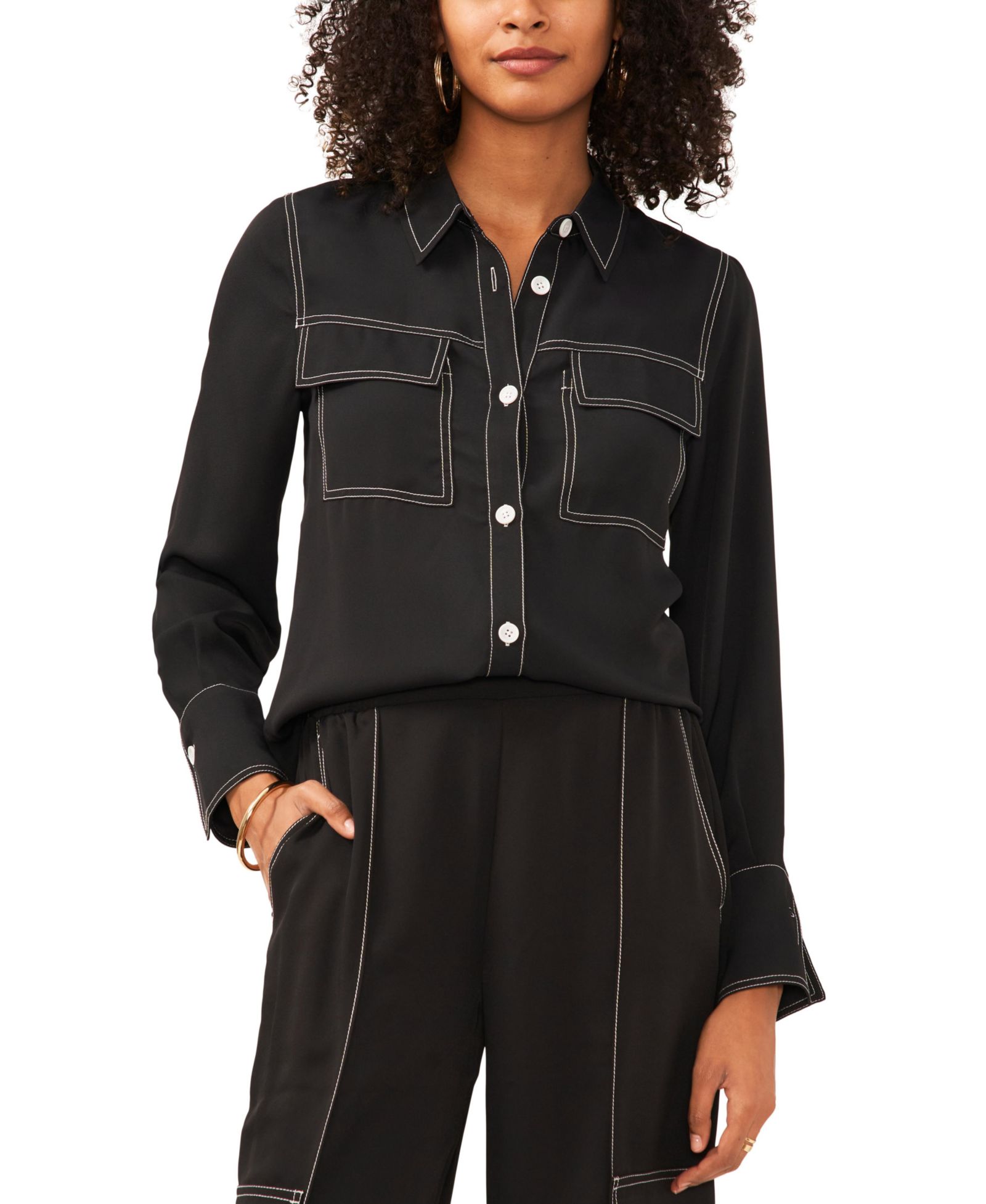 Vince Camuto Women's Contrast Stitch Button Front Collared Top
