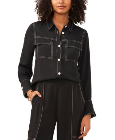 Vince Camuto Women's Contrast Stitch Button Front Collared Top
