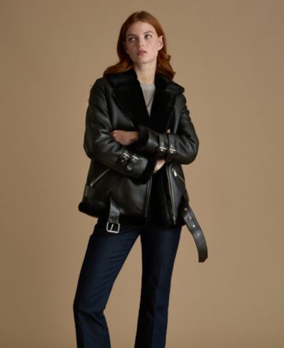 Furniq UK Women's Harriet Sheepskin Belted Biker Aviator Jacket
