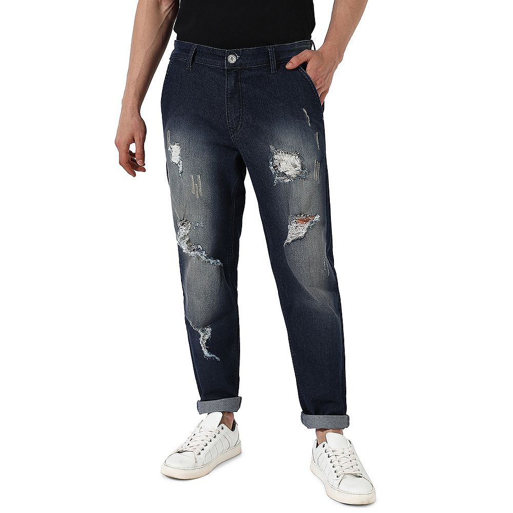 Campus Sutra Men's Ripped Dark-Wash Denim Jeans