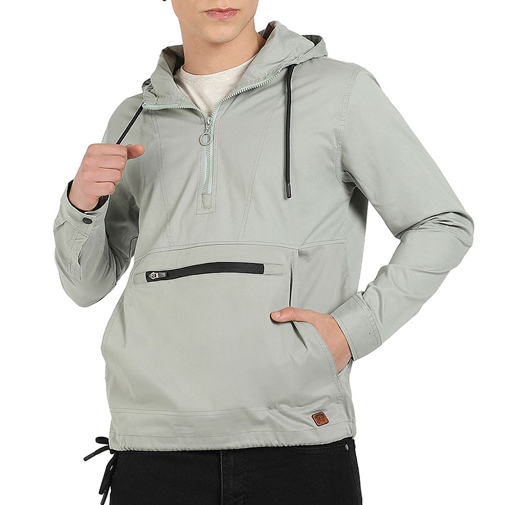 Campus Sutra Men's Sage Green Half-Zip Utility Jacket With Contrast Drawstring