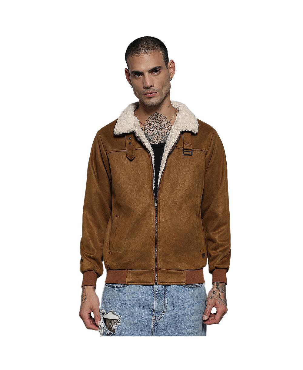Campus Sutra Men's Brown Zip-Front Jacket With Fleece Detail