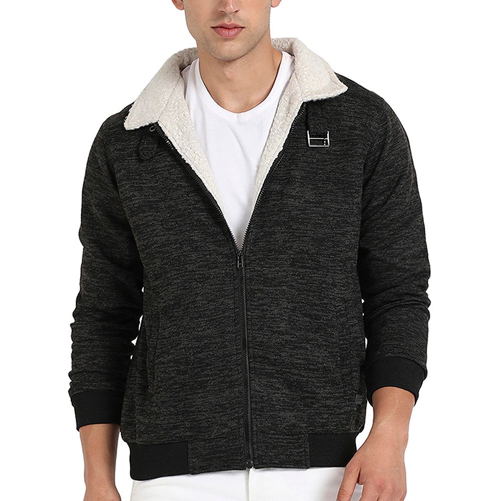 Campus Sutra Men's Charcoal Grey Heathered Jacket With Fleece Detail
