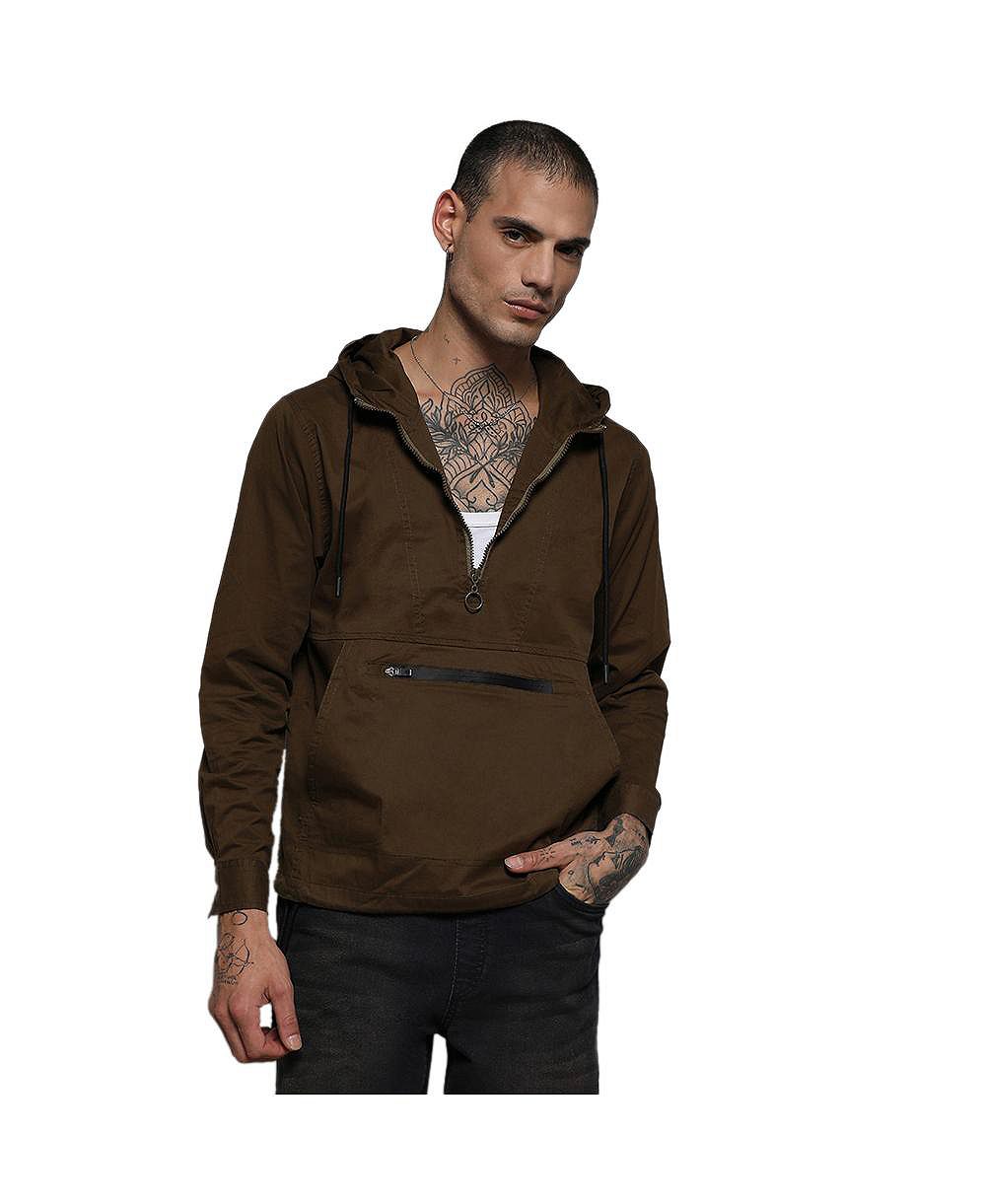 Campus Sutra Men's Brown Half-Zip Utility Jacket With Contrast Drawstring