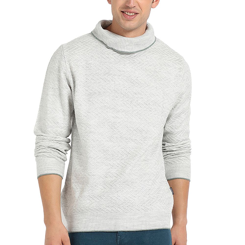 Campus Sutra Men's Light Grey Herringbone Textured Pullover Sweater