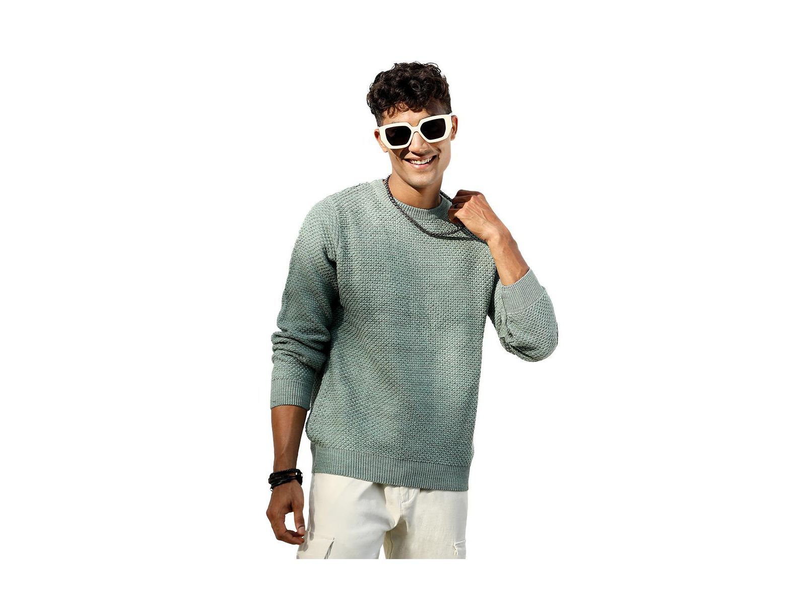 Campus Sutra Men's Sage Green Textured Knit Pullover Sweater