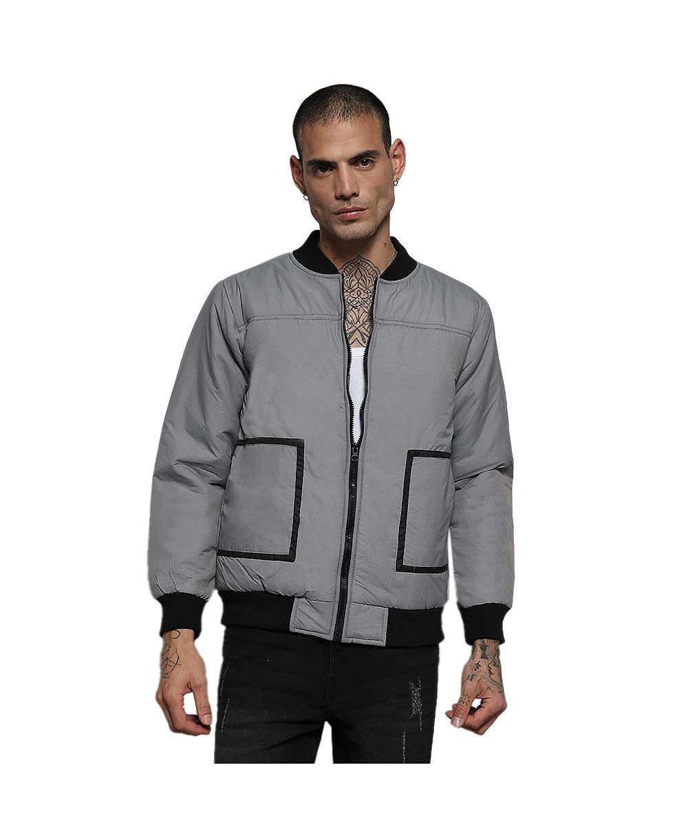 Campus Sutra Men's Light Grey Zip-Front Puffer Jacket With Contrast Detail