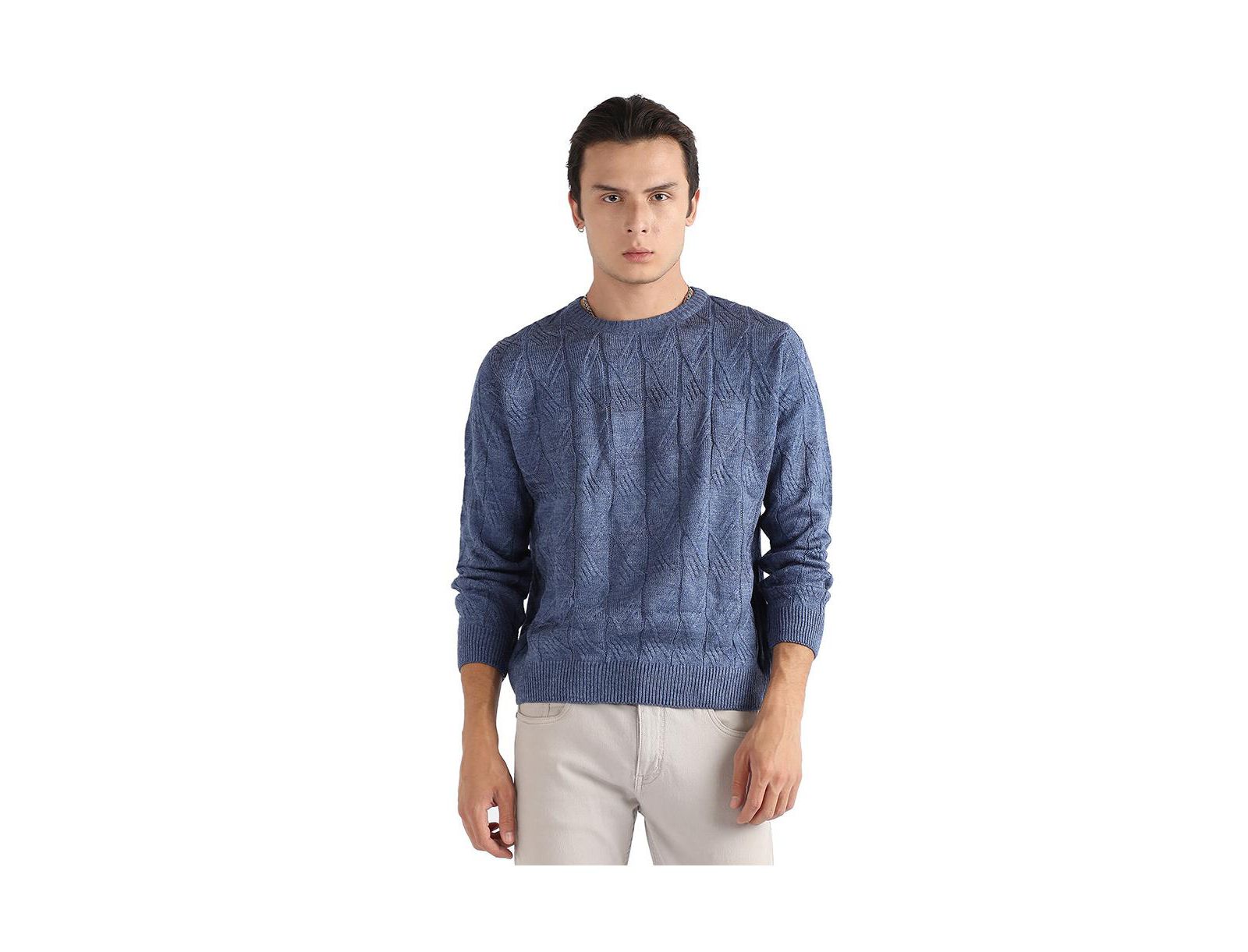 Campus Sutra Men's Blue Textured Knit Pullover Sweater