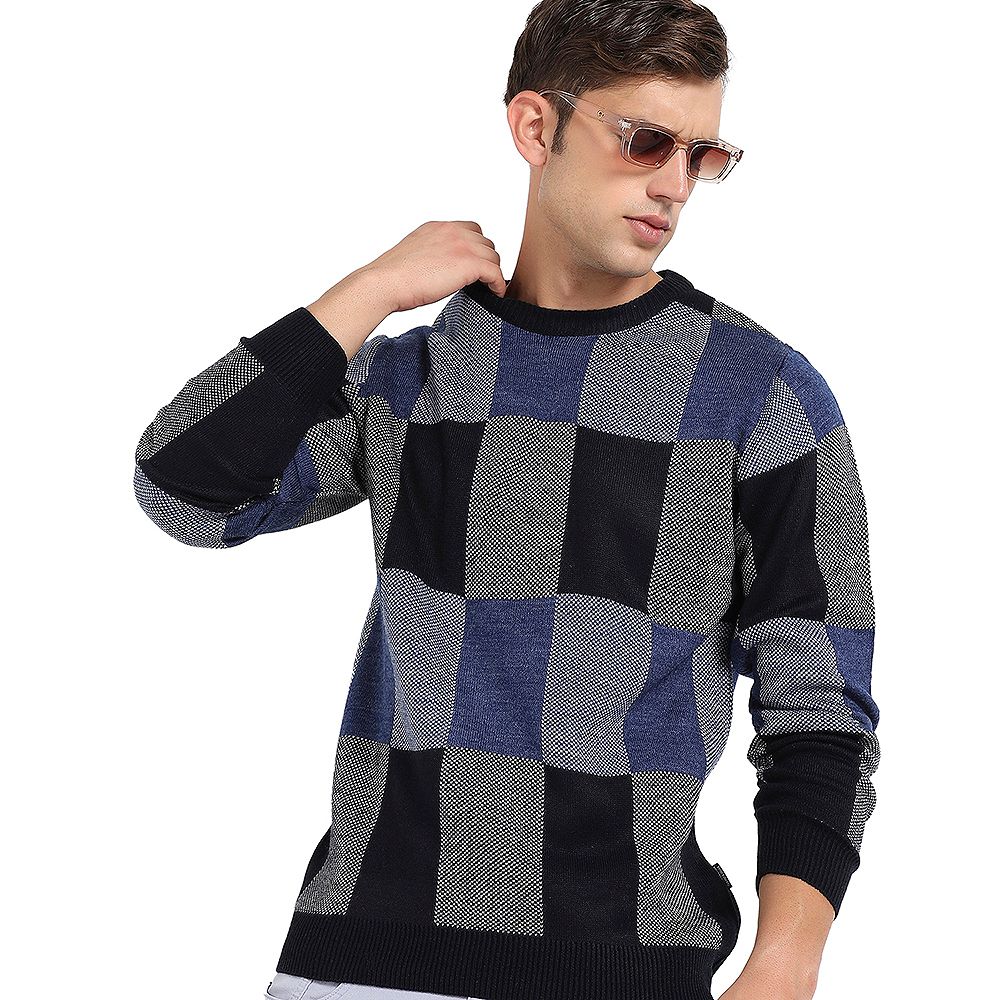 Campus Sutra Men's Blue Block Check Pullover Sweater