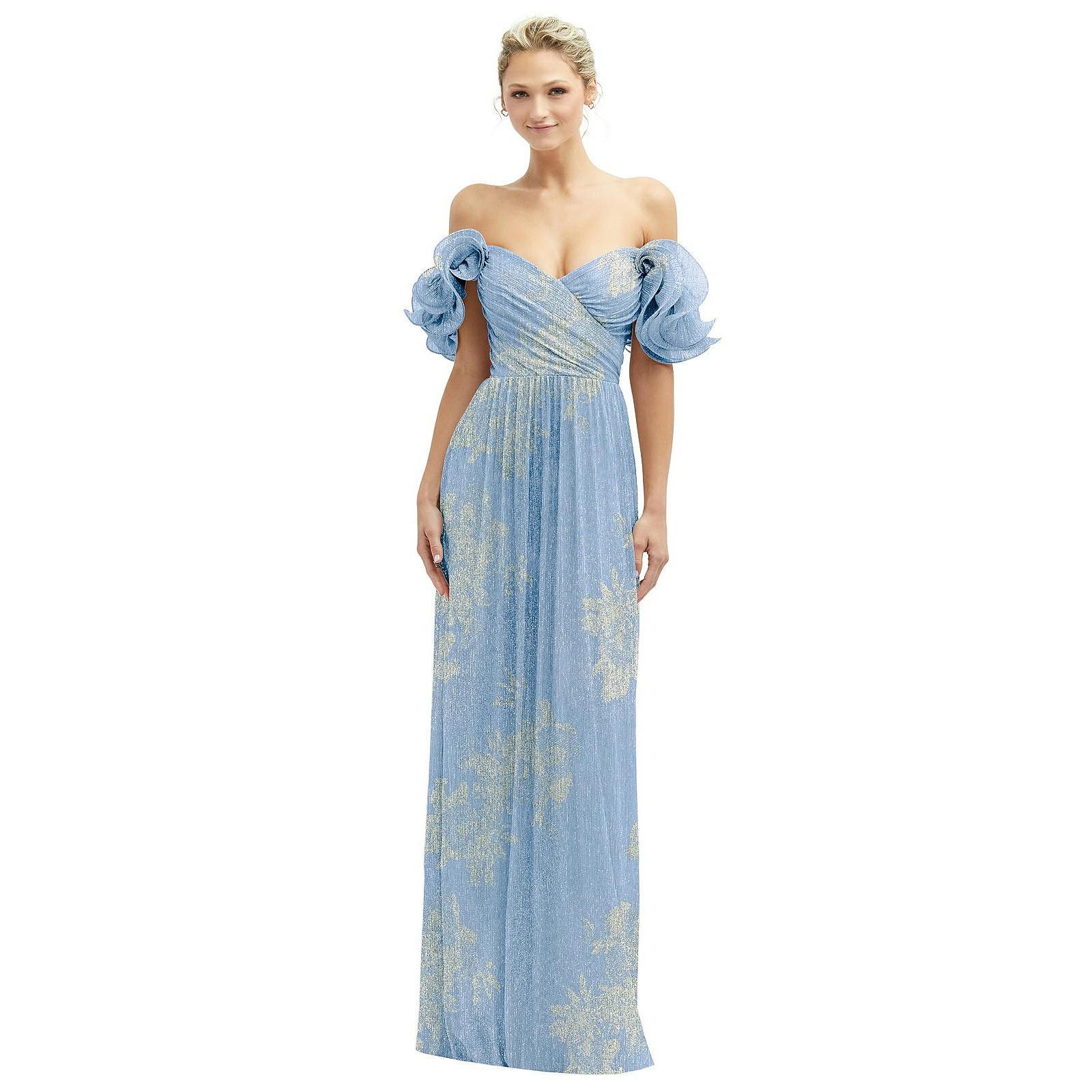Женское вечернее платье After Six Dramatic Ruffle Edge Convertible Strap Metallic Pleated Maxi с золотым принтом