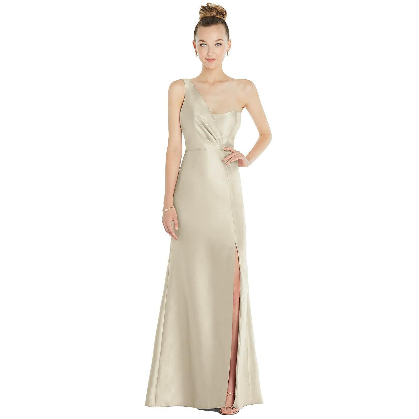 Draped One-Shoulder Satin Trumpet Gown with Front Slit