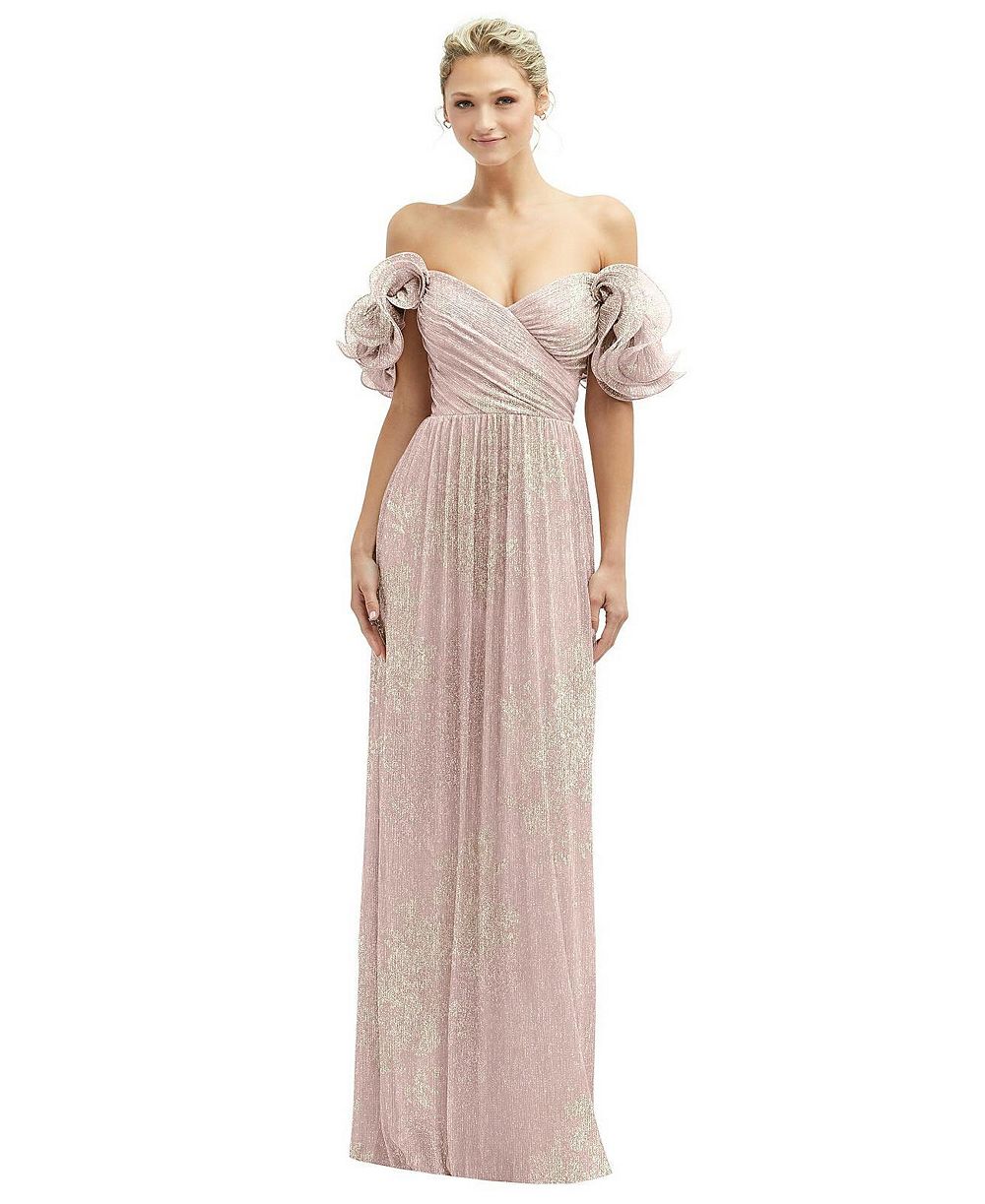 After Six Women's Dramatic Ruffle Edge Convertible Strap Metallic Pleated Maxi Dress with Floral Gold Foil Print