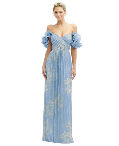 After Six Women's Dramatic Ruffle Edge Convertible Strap Metallic Pleated Maxi Dress with Floral Gold Foil Print