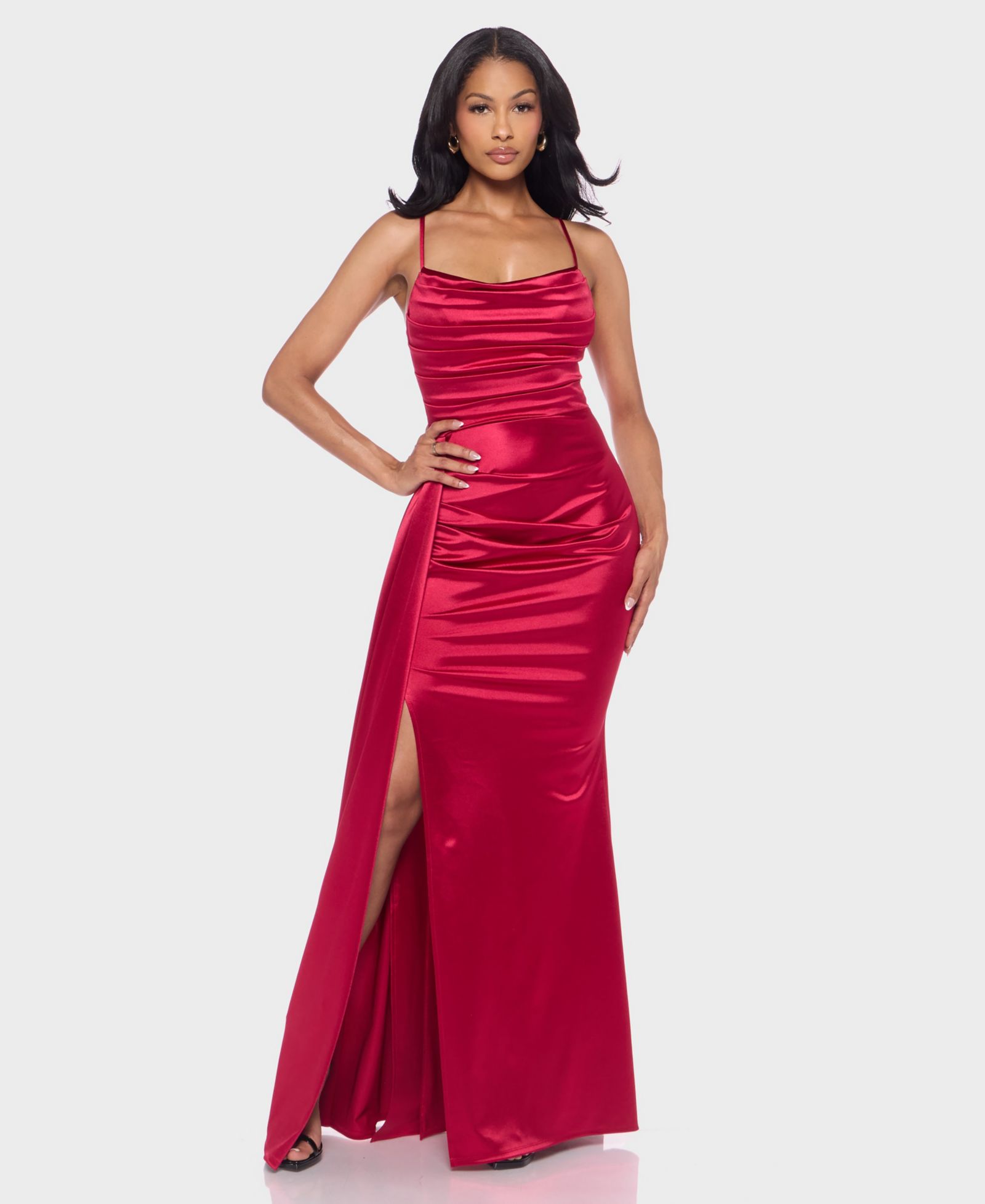 B Darlin Juniors' Cowl Neck Satin Gown