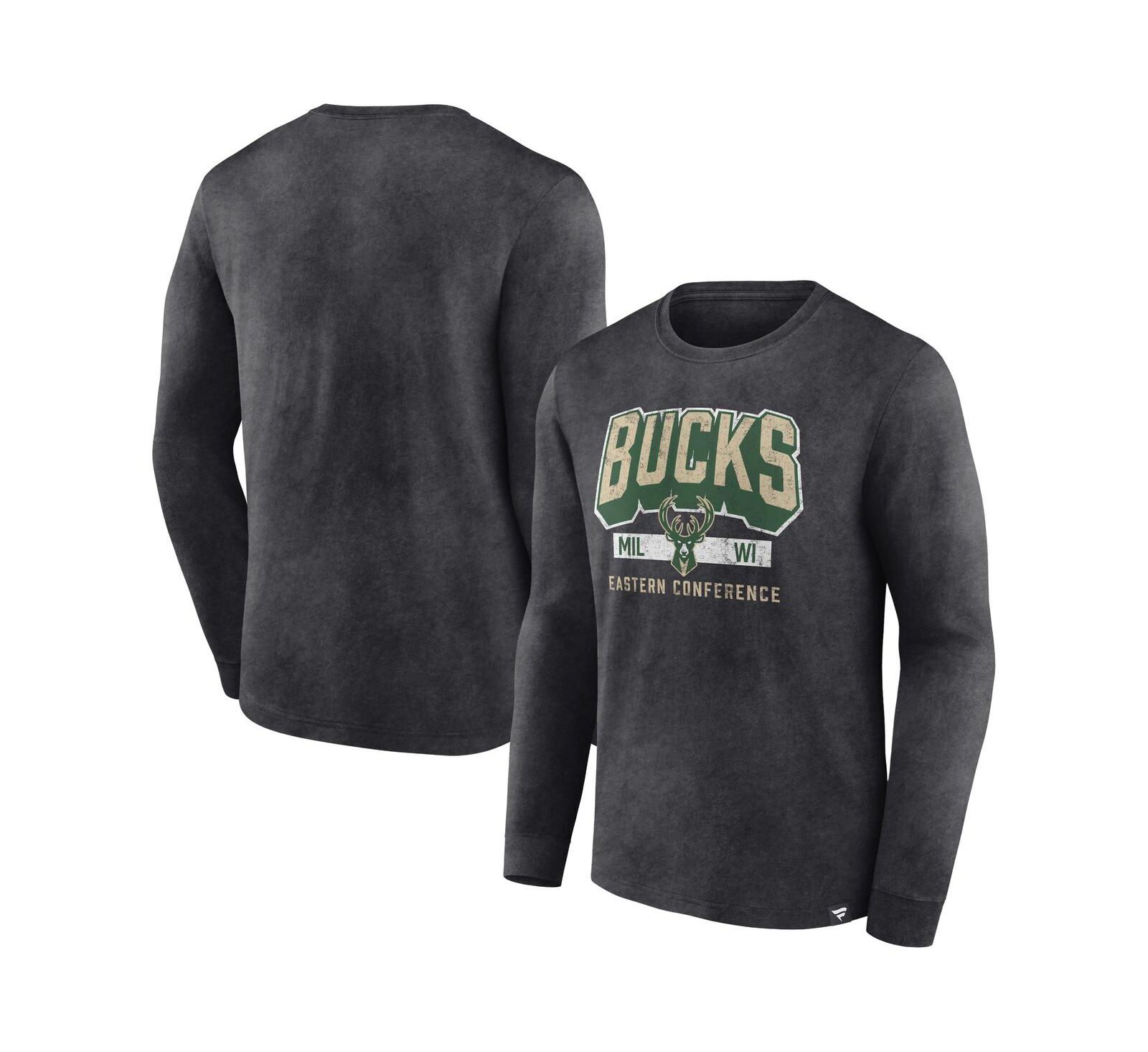 Мужская футболка Fanatics Heather Charcoal Distressed Milwaukee Bucks Front Court Press Snow Wash с длинным рукавом