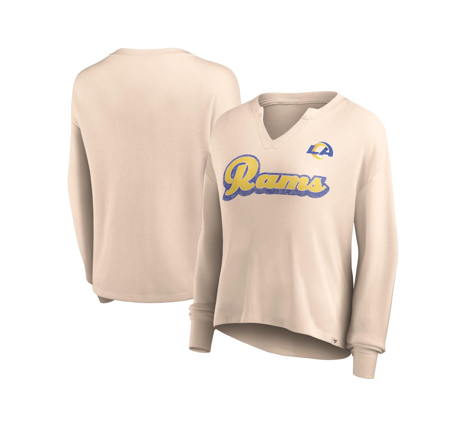 Women's Fanatics Tan Distressed Los Angeles Rams Go For It Notch Neck Waffle Knit Long Sleeve T-shirt
