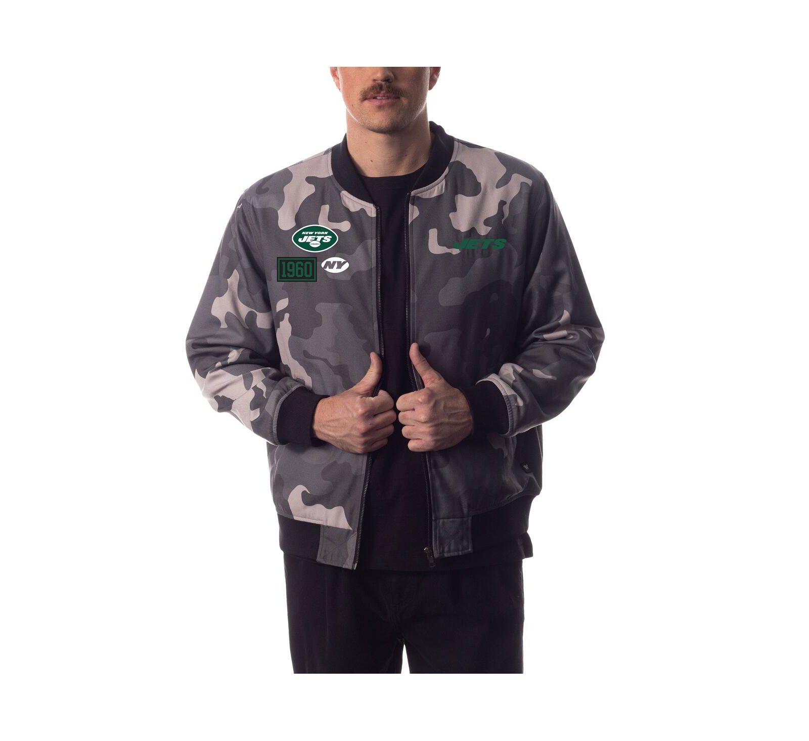 Men's and Women's The Wild Collective Gray Distressed New York Jets Camo Bomber Jacket