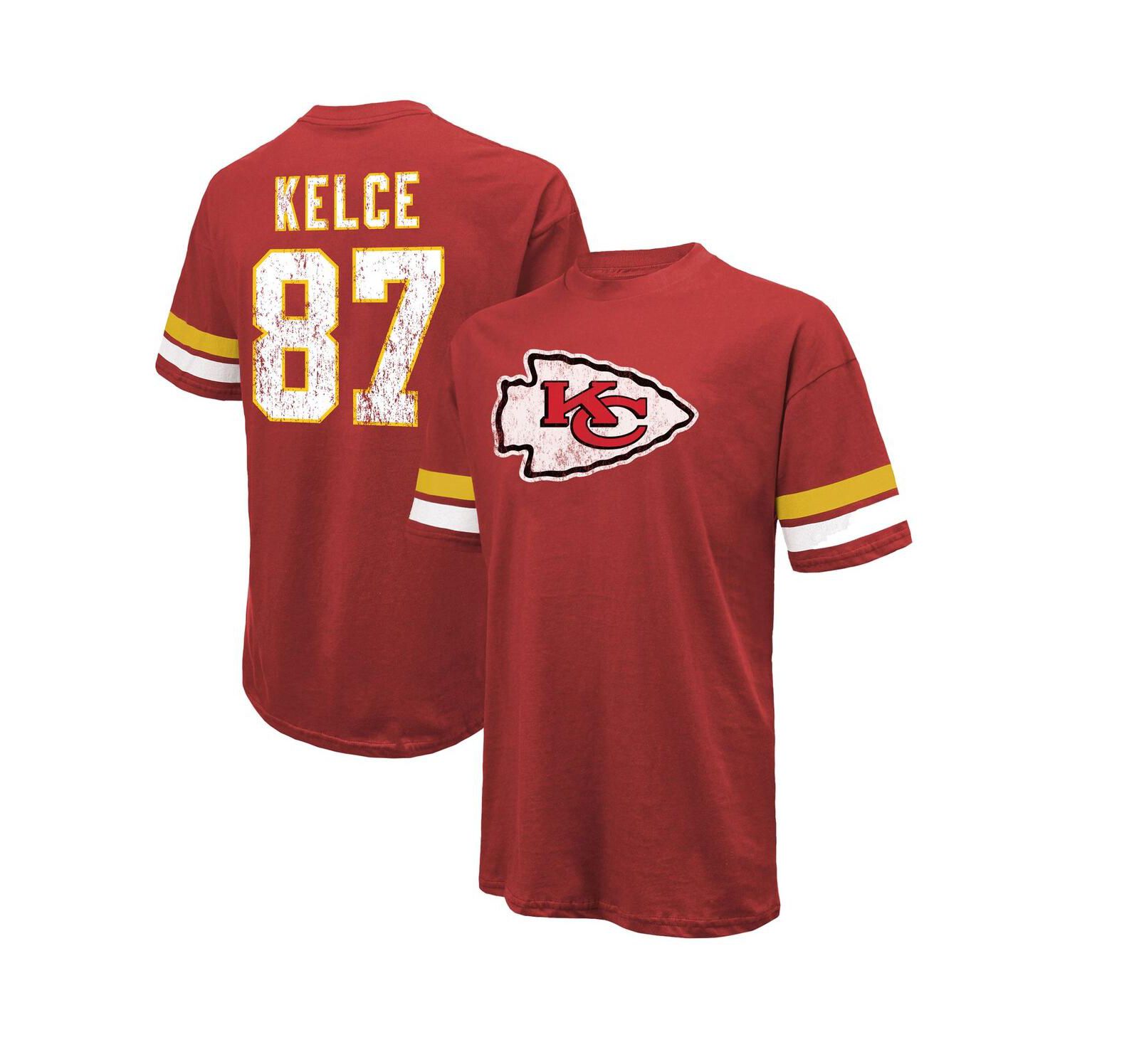 Мужская оверсайз футболка Majestic Threads Travis Kelce Red Distressed с именем и номером Kansas City Chiefs