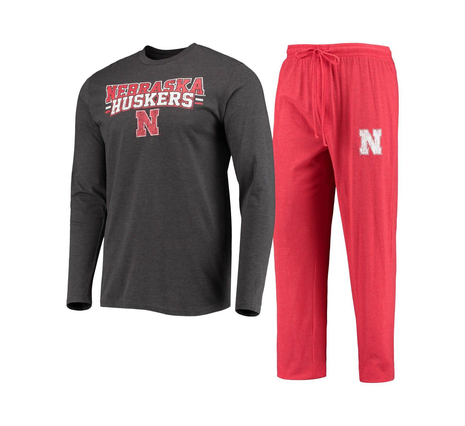 Men's Concepts Sport Scarlet, Heathered Charcoal Distressed Nebraska Huskers Meter Long Sleeve T-shirt and Pants Sleep Set