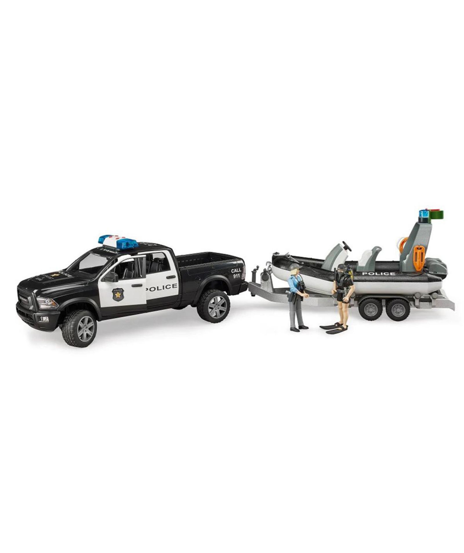 Bruder 1/16 Ram 2500 Police Pickup Truck with Lights and Sounds, Trailer and Boat, Multi-Piece Set