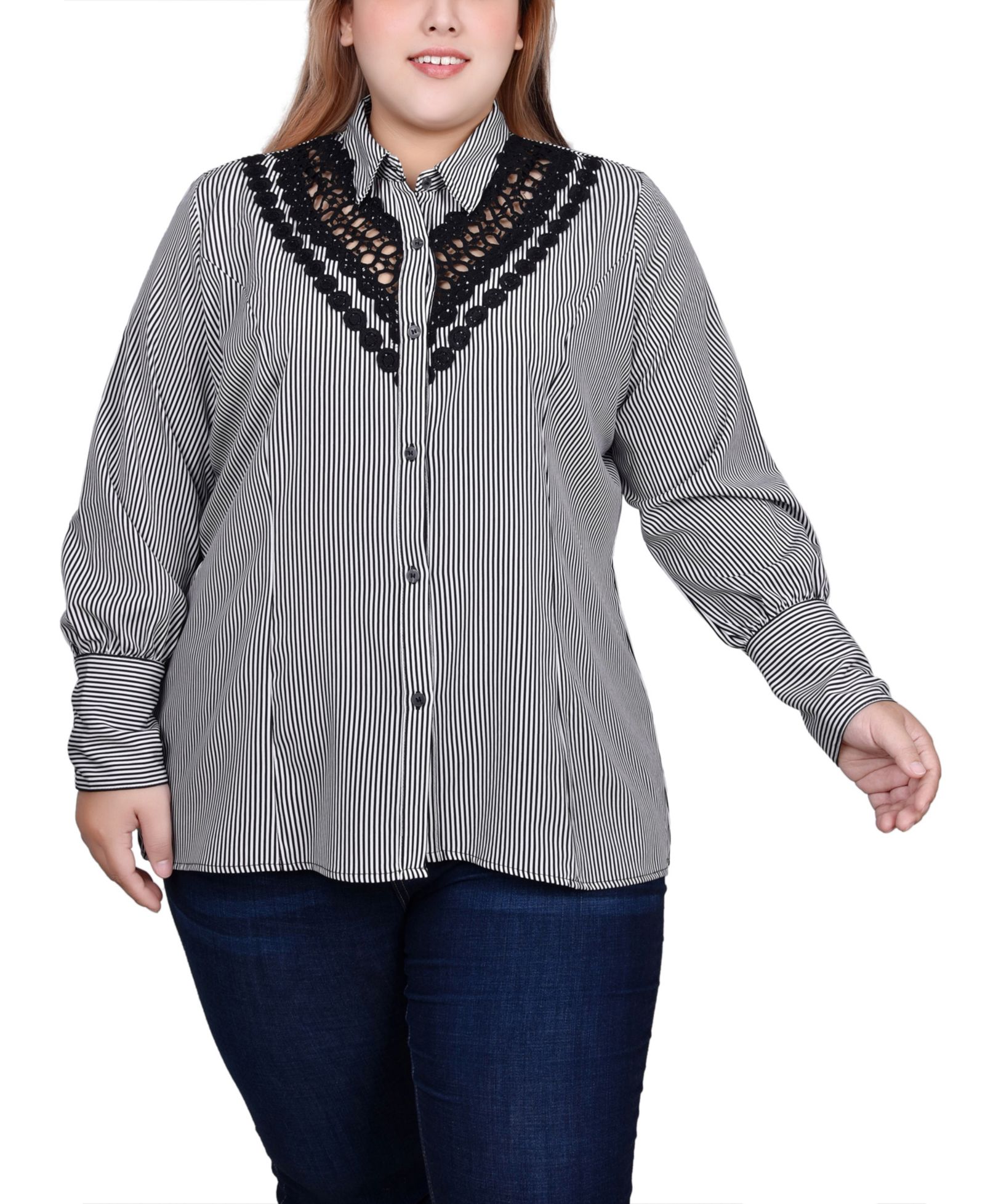 NY Collection Plus Size Long Sleeve Crochet Trimmed Blouse