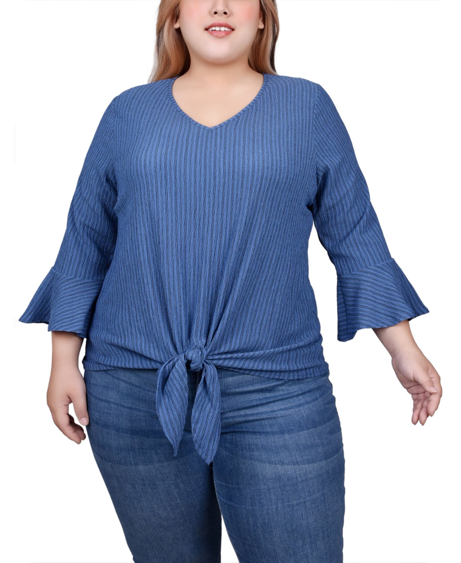 NY Collection Plus Size 3/4 Bell Sleeve Textured Knit Top