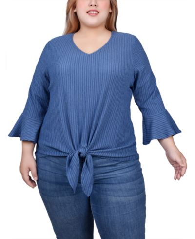 NY Collection Plus Size 3/4 Bell Sleeve Textured Knit Top