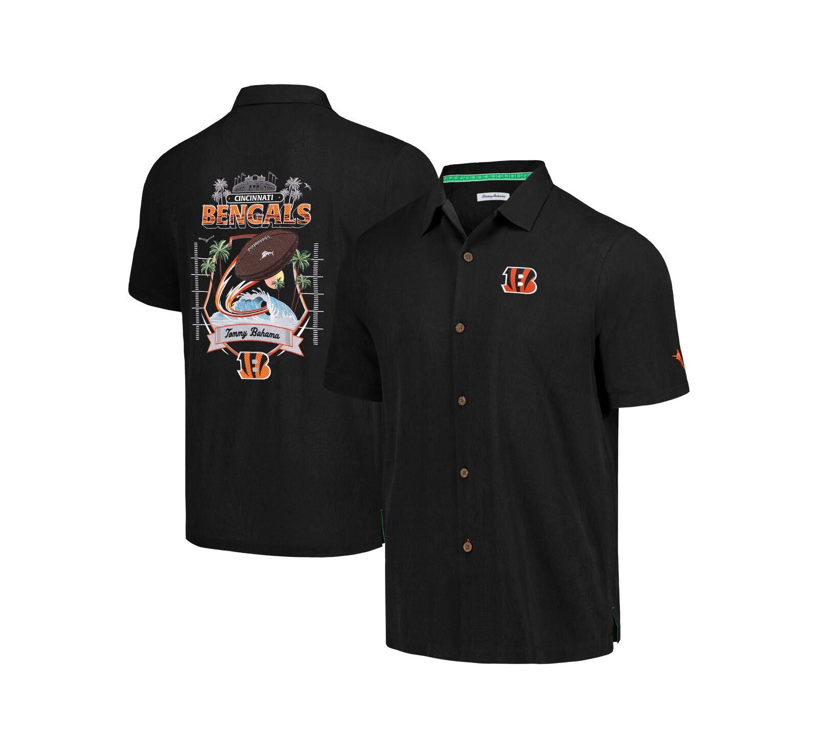 Men's Tommy Bahama Black Cincinnati Bengals Tidal Kickoff Camp Button-Up Shirt