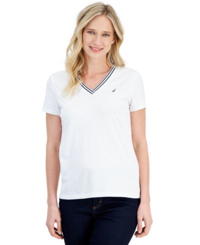 Nautica Женский Solid Stripe-Trim V-Neck
