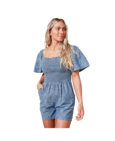 Hope & Henry Женский Hope and Henry Bell Sleeve Smocked Chambray Romper