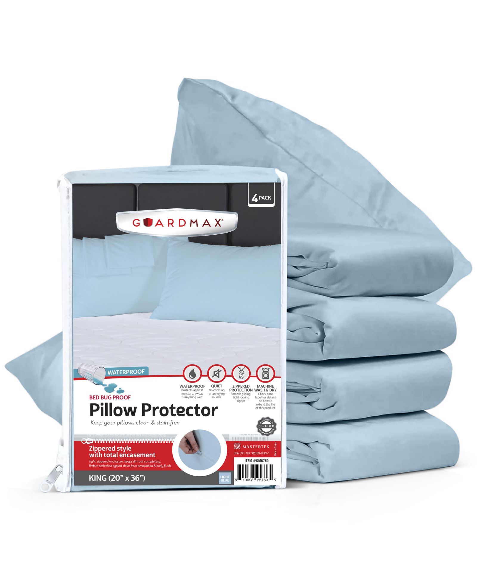 Guardmax  King Size Waterproof Pillow Protector with Zipper (4 Pack)