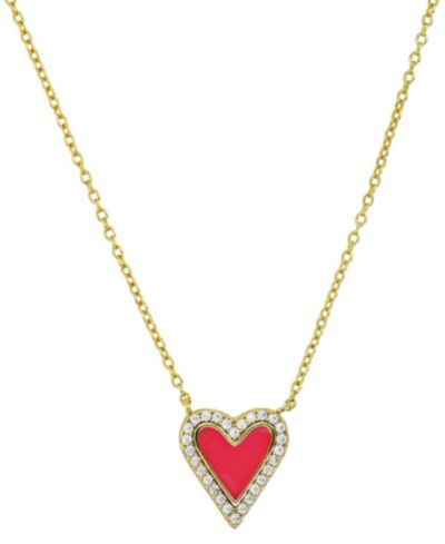 Cubic Zirconia Red Enamel Heart Pendant Necklace in 14k Gold-Plated Sterling Silver, 16" + 2" extender