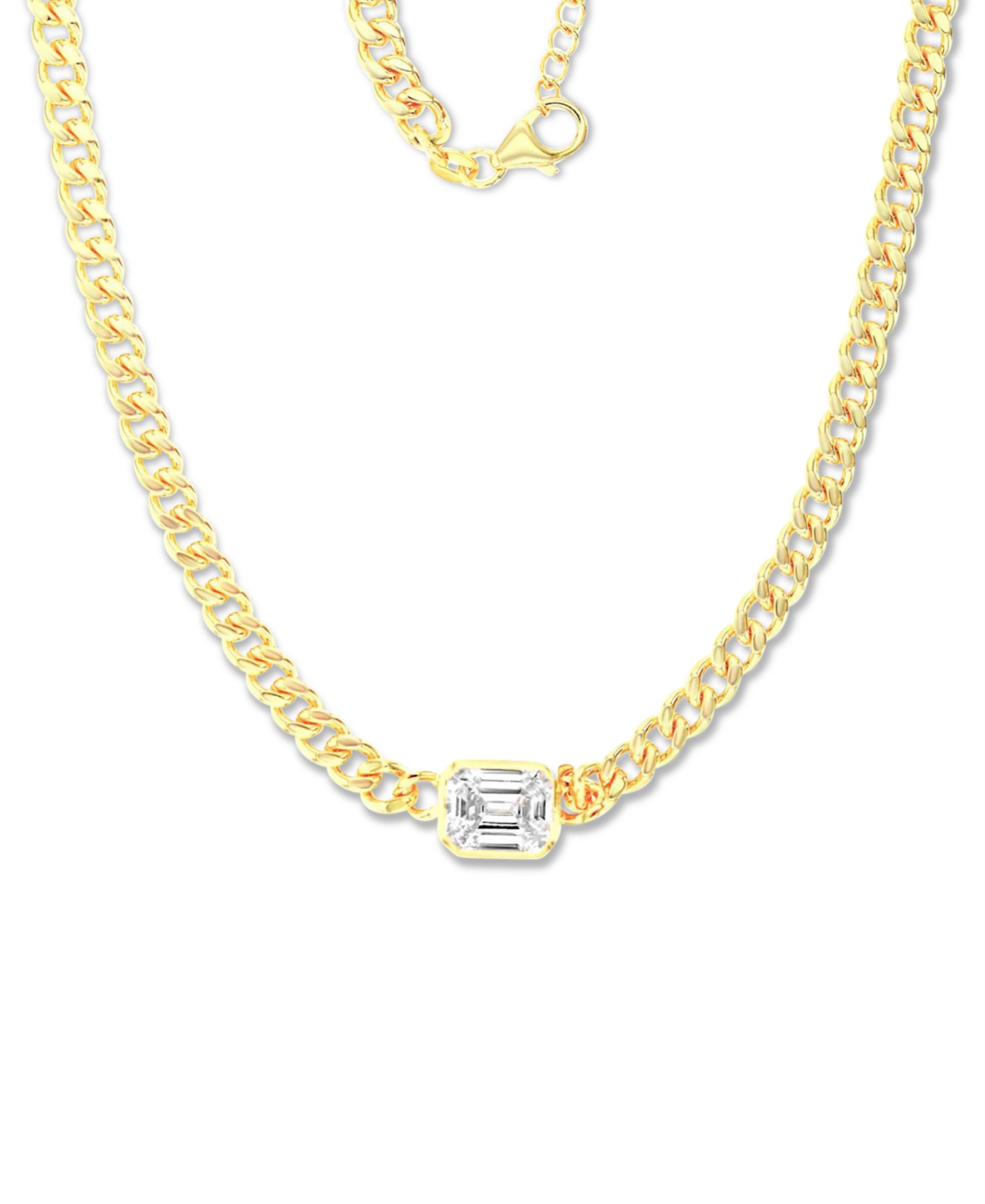 Cubic Zirconia Emerald-Cut Large Link Statement Necklace in 14k Gold-Plated Sterling Silver, 18" + 2" extender