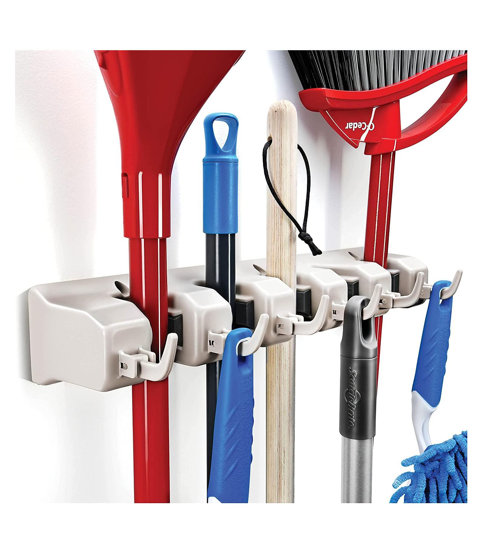 Mop And Broom Holder - Garage Storage Systems with 5 Slots, 6 Hooks, 7.5lbs Capacity Per Slot - Garden Tool Organizer For 11 Tools - For Home, Kitchen, Closet, Laundry Room - Off-White