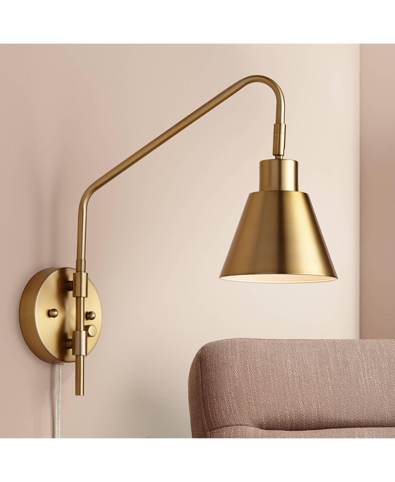 360 Lighting Marybel Modern Swing Arm Wall Lamp Brass Gold Plug-in Light Fixture Tapered Metal Shade for Bedroom Bedside Living Room Reading House