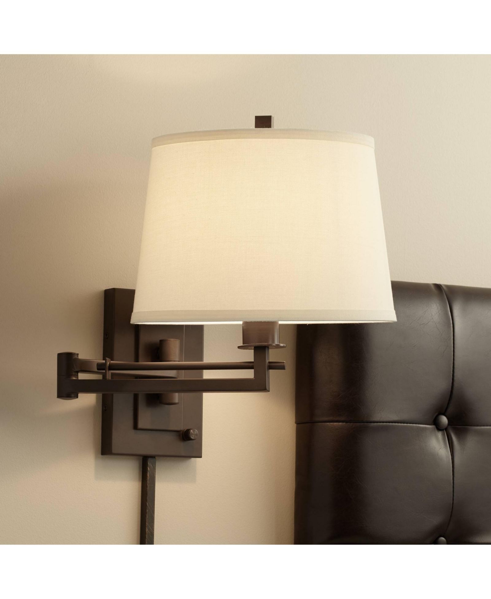 Franklin Iron Works Easley Rustic Farmhouse Swing Arm Wall Lamp Matte Bronze Plug-in Light Fixture Fabric Drum Shade for Bedroom Bedside Living Room