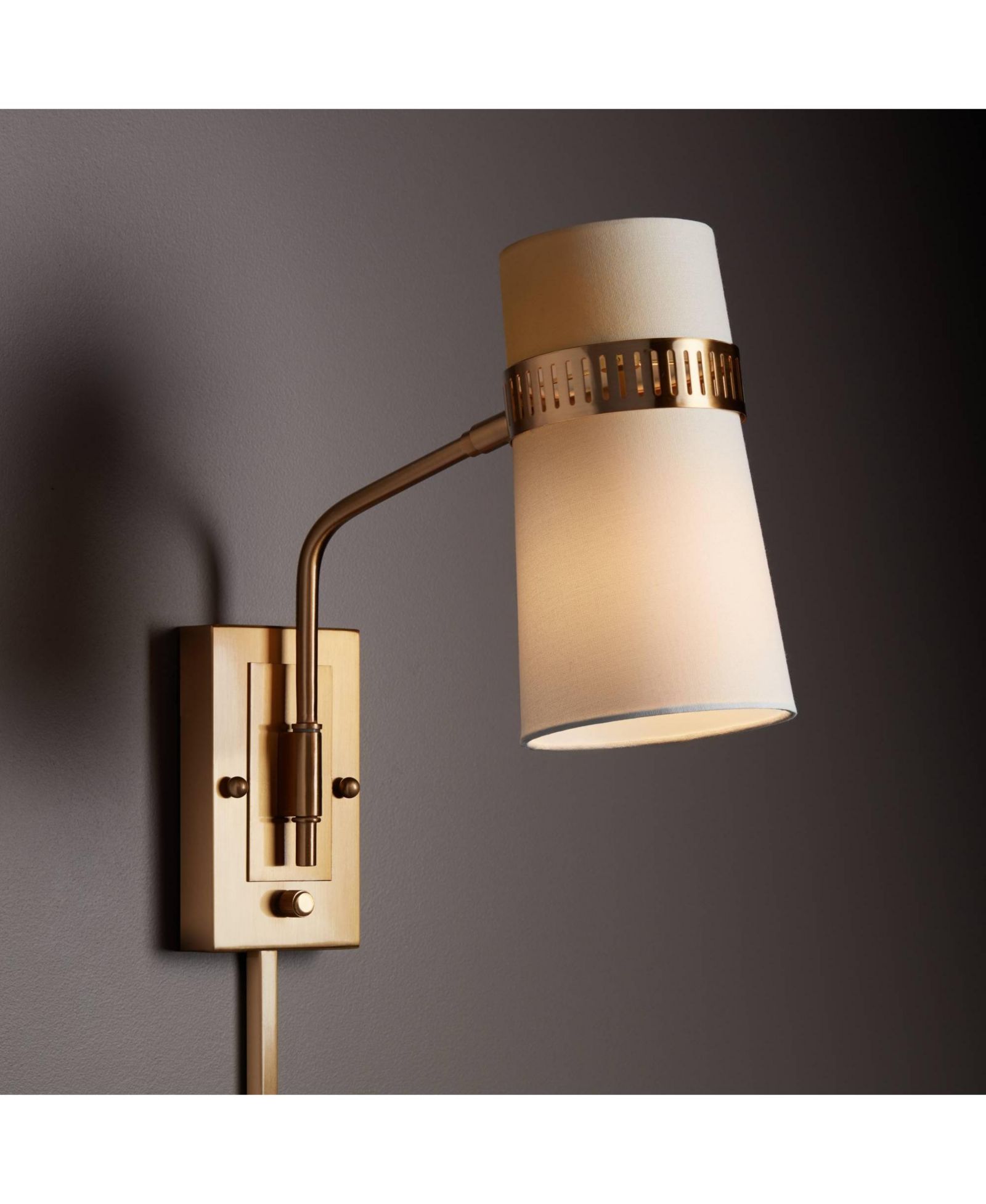 Possini Euro Design Cartwright Modern Wall Lamp Antique Brass Plug-in Light Fixture Swing Arm Beige Linen Cylinder Shade for Bedroom Bathroom Vanity