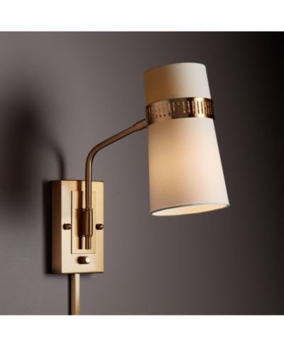 Possini Euro Design Cartwright Modern Wall Lamp Antique Brass Plug-in Light Fixture Swing Arm Beige Linen Cylinder Shade for Bedroom Bathroom Vanity