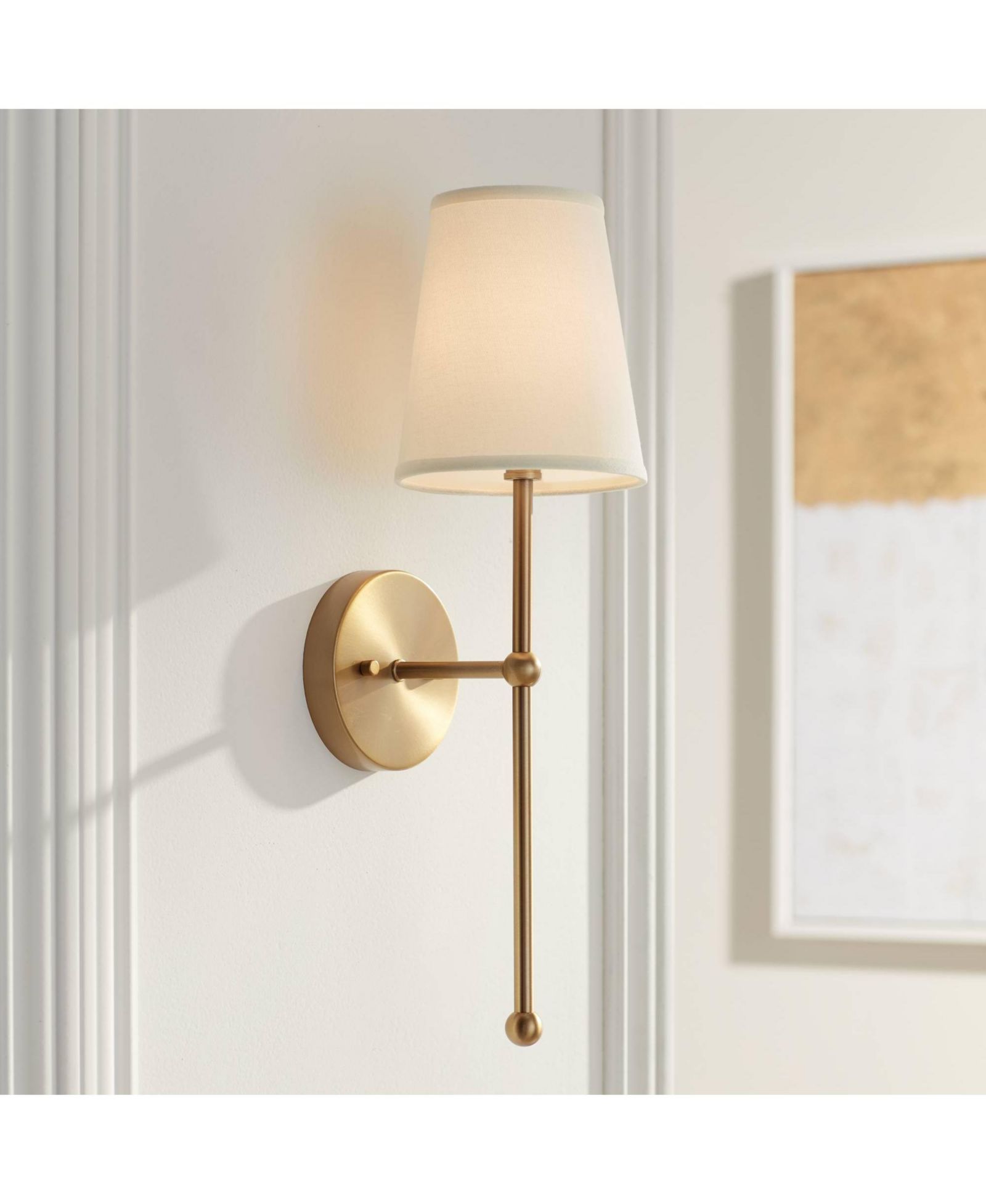 Possini Euro Design Modern Wall Lamp Warm Brass Hardwired 21" High Fixture Linen Shade Bedroom Reading Living Room Hallway