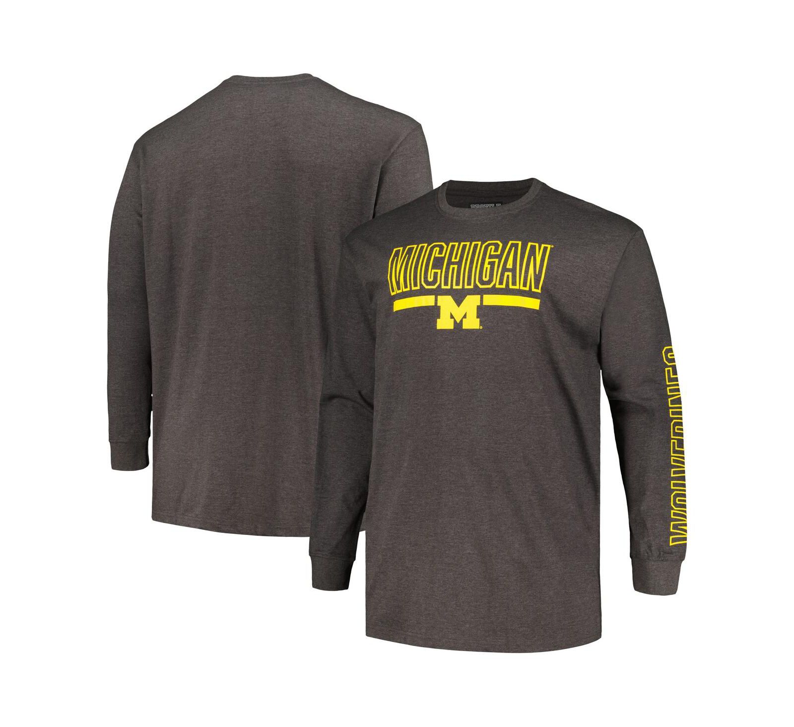 Men's Profile Heather Charcoal Michigan Wolverines Big and Tall Two-Hit Graphic Long Sleeve T-shirt