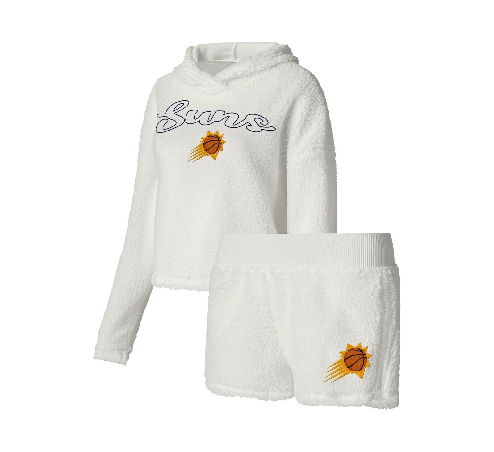 Women's College Concepts Cream Phoenix Suns Fluffy Long Sleeve Hoodie T-shirt and Shorts Sleep Set