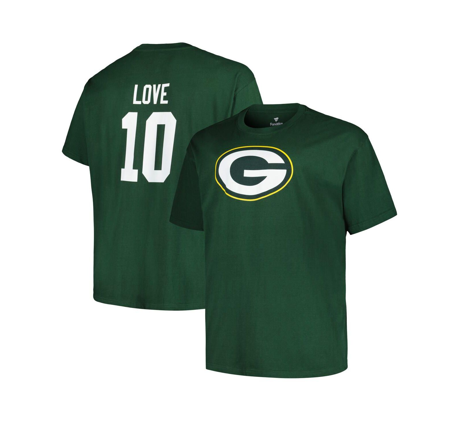 Мужская футболка Fanatics Jordan Love Green Bay Packers, Big and Tall, с именем и номером игрока