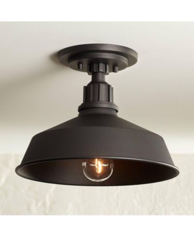 Franklin Iron Works Arnett Rustic Industrial Semi Flush Mount Outdoor Ceiling Light Black 12" Damp Rated for Post Exterior Barn Deck House Porch Yard