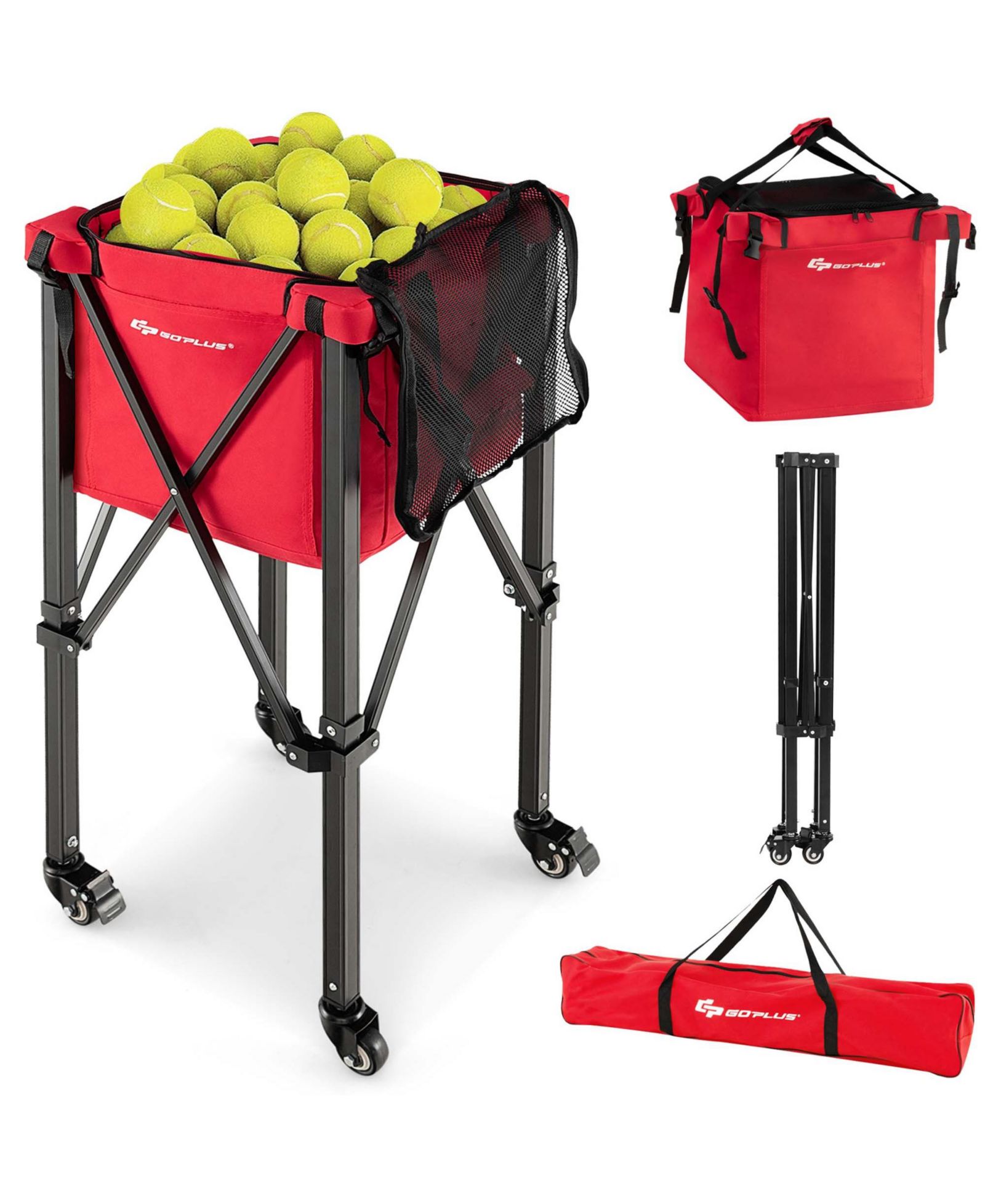 Foldable Tennis Ball Hopper Basket Travel Teaching Cart with Wheels