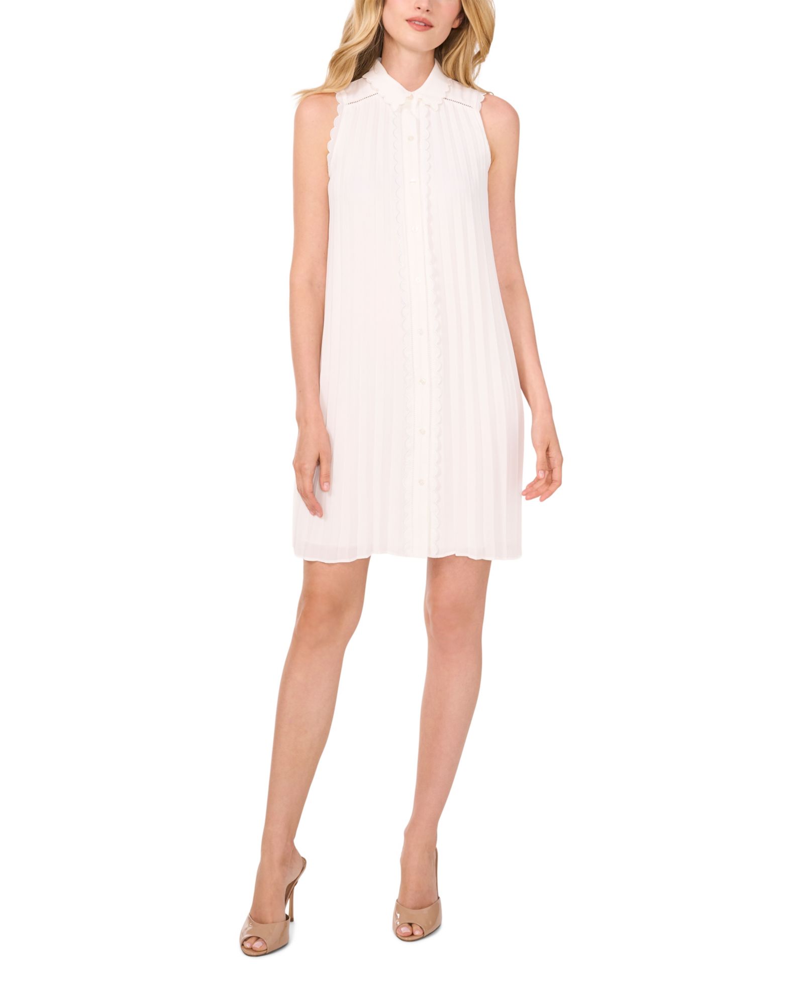 CeCe Women's Sleeveless Scalloped Pleated Button-Down Dress