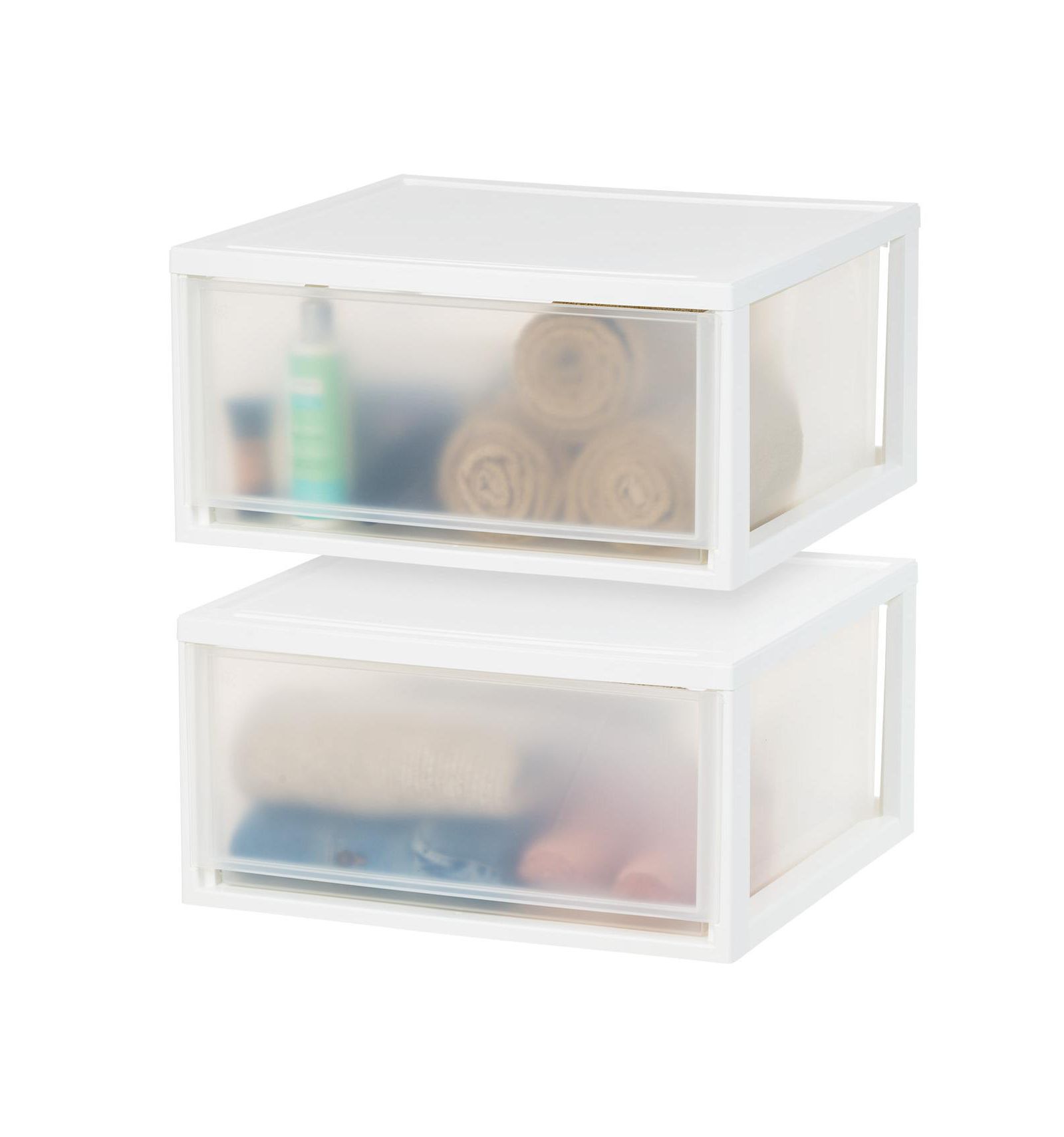 IRIS USA 2 Pack 47 Qt. Extra-Large Stackable Storage Drawer Plastic Drawer Organizer with Clear Doors, for Pantry Bedroom Closet Kitchen Under-Sink